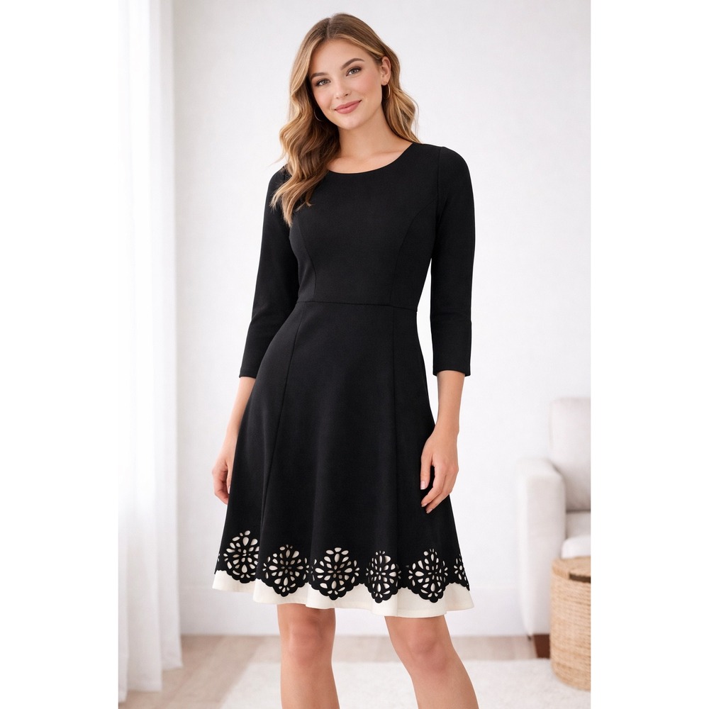 Laundry by Shelli Segal Black White Laser Cut Eyelet Hem Flare Dress Size 2‎